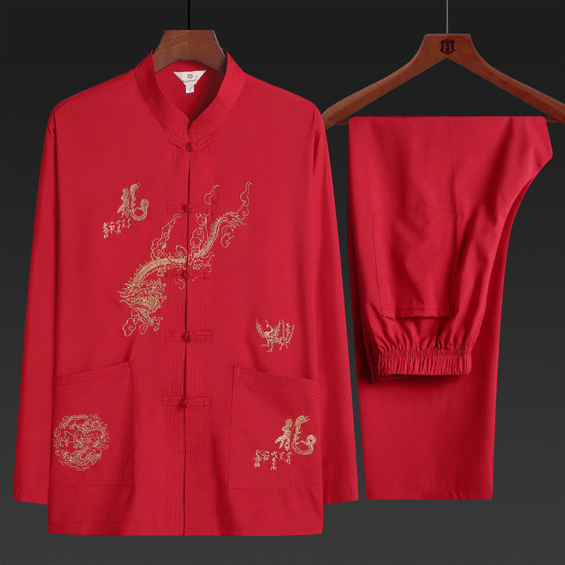 Chinese New Year Embroidered Dragon Frog-button Tang Suit Hanfu Traditional Uniform Long Sleeve Top Pants Clothing Men's Set