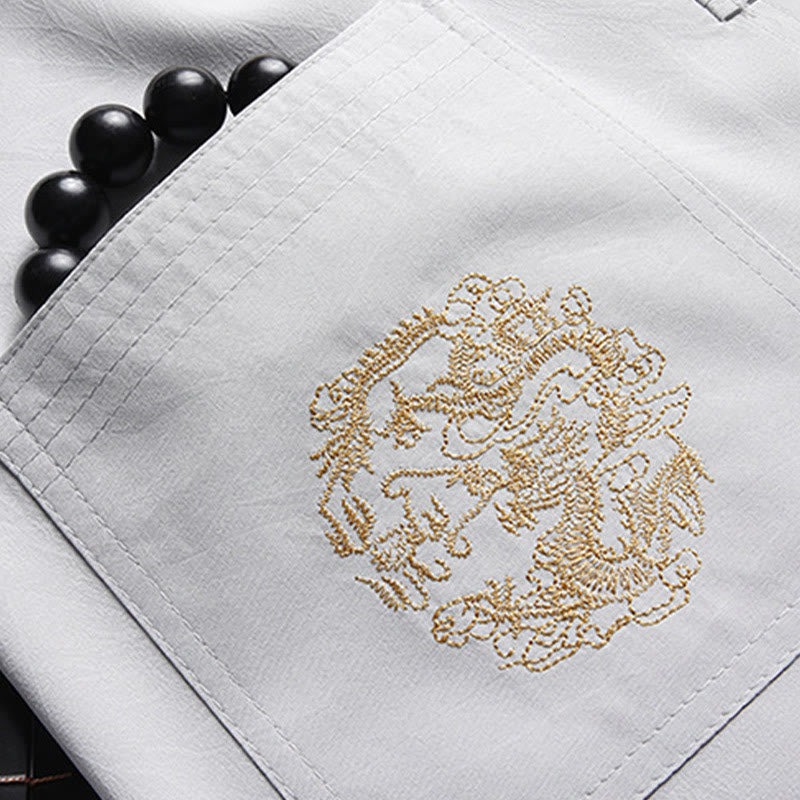 Chinese New Year Embroidered Dragon Frog-button Tang Suit Hanfu Traditional Uniform Long Sleeve Top Pants Clothing Men's Set