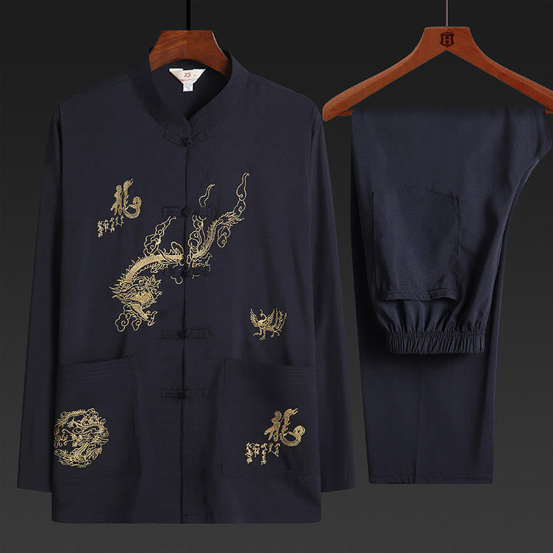 Chinese New Year Embroidered Dragon Frog-button Tang Suit Hanfu Traditional Uniform Long Sleeve Top Pants Clothing Men's Set