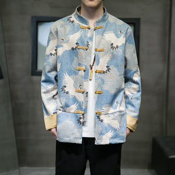 Cotton Crane Embroidered Stand Collar Mindful Jacket Shirt