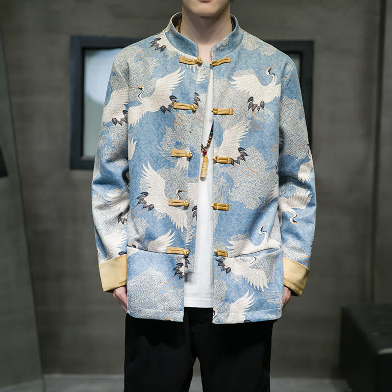 Cotton Crane Embroidered Stand Collar Mindful Jacket Shirt