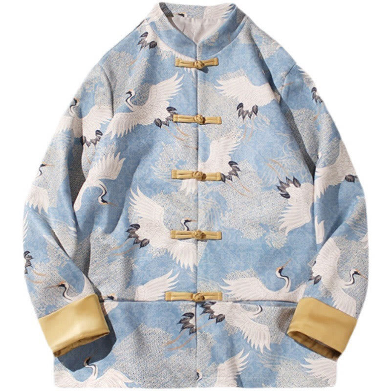 Cotton Crane Embroidered Stand Collar Mindful Jacket Shirt
