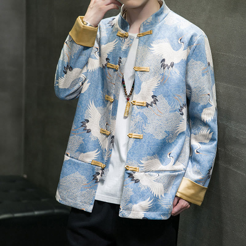 Cotton Crane Embroidered Stand Collar Mindful Jacket Shirt