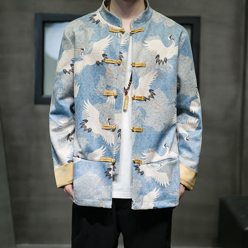 Cotton Crane Embroidered Stand Collar Mindful Jacket Shirt