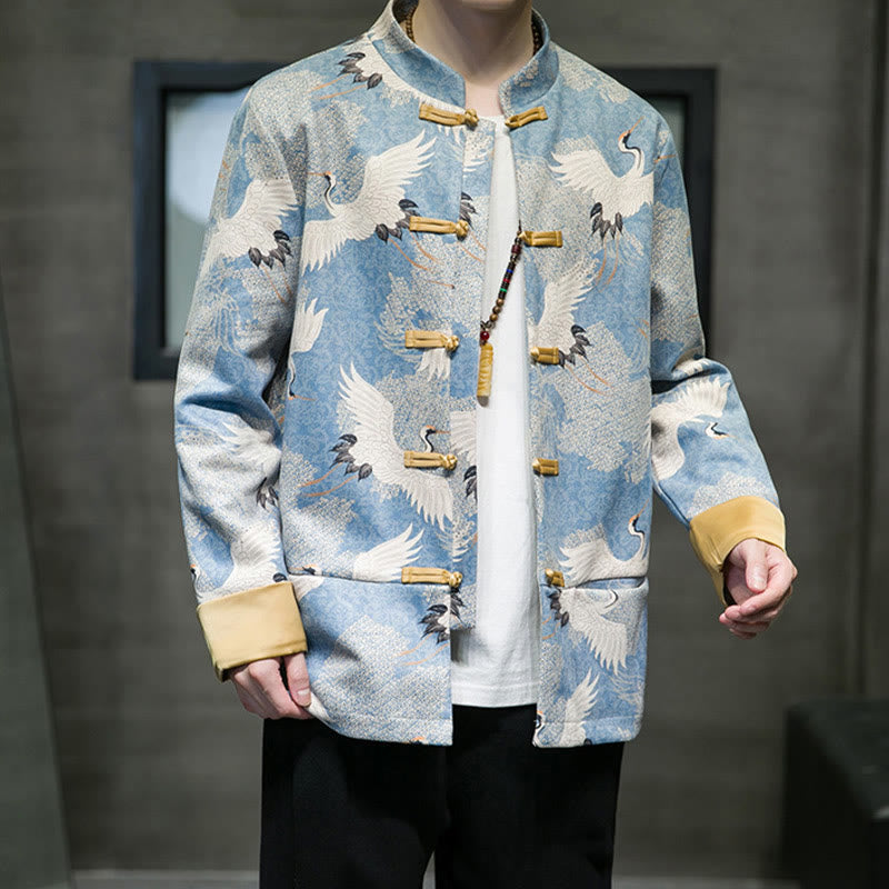 Cotton Crane Embroidered Stand Collar Mindful Jacket Shirt
