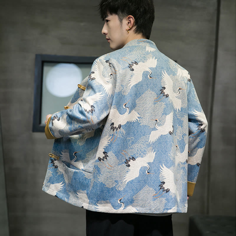 Cotton Crane Embroidered Stand Collar Mindful Jacket Shirt