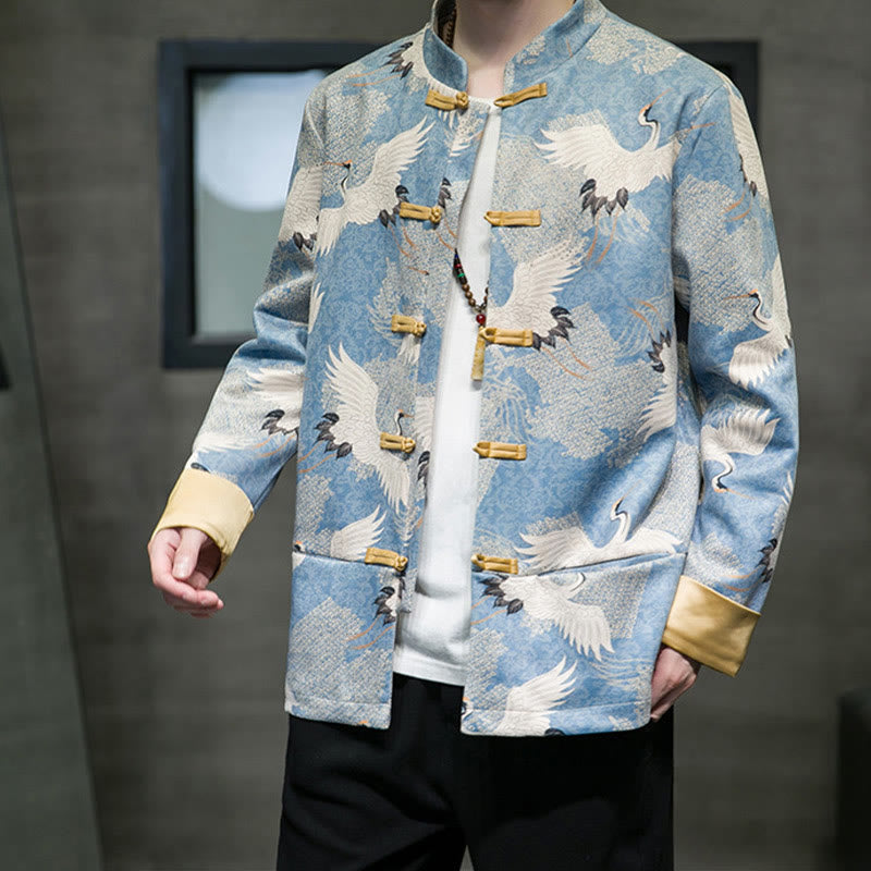Cotton Crane Embroidered Stand Collar Mindful Jacket Shirt