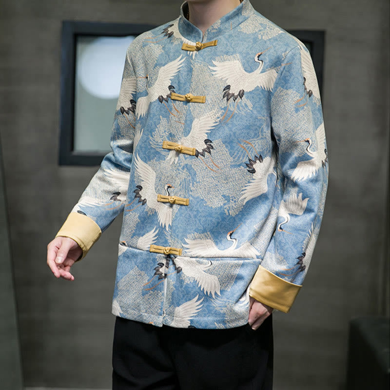 Cotton Crane Embroidered Stand Collar Mindful Jacket Shirt