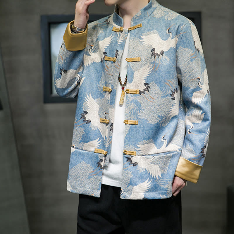Cotton Crane Embroidered Stand Collar Mindful Jacket Shirt