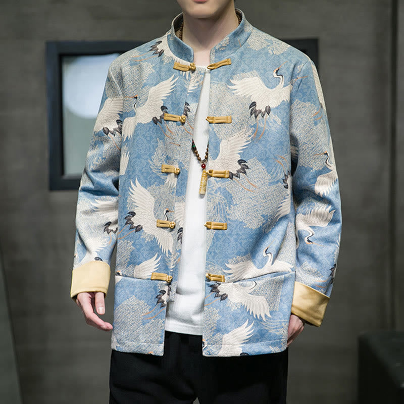 Cotton Crane Embroidered Stand Collar Mindful Jacket Shirt