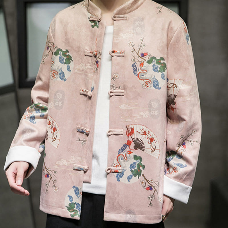 Chinese New Year Clothes Flowers Dragon Fan Auspicious Clouds Frog-button Tang Suit Cotton Men's Jacket Shirt