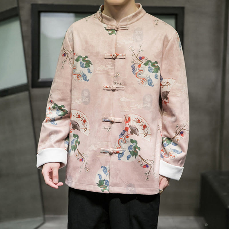 Chinese New Year Clothes Flowers Dragon Fan Auspicious Clouds Frog-button Tang Suit Cotton Men's Jacket Shirt