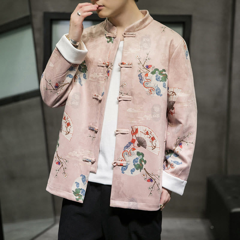 Chinese New Year Clothes Flowers Dragon Fan Auspicious Clouds Frog-button Tang Suit Cotton Men's Jacket Shirt