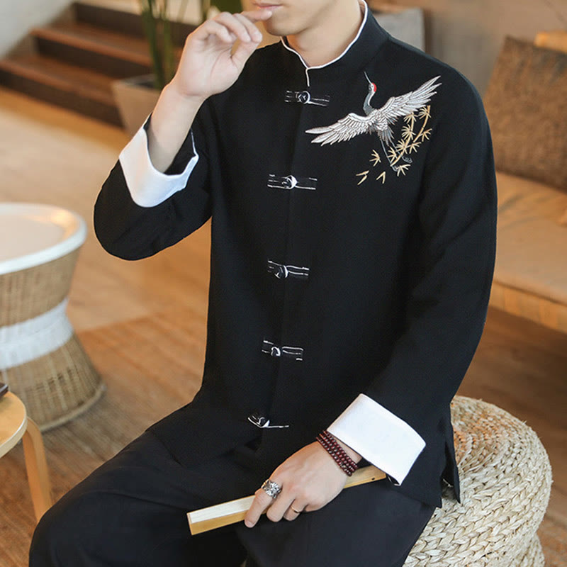 Tactile Cotton Embroidered Stand Collar Meditation Jacket Shirt