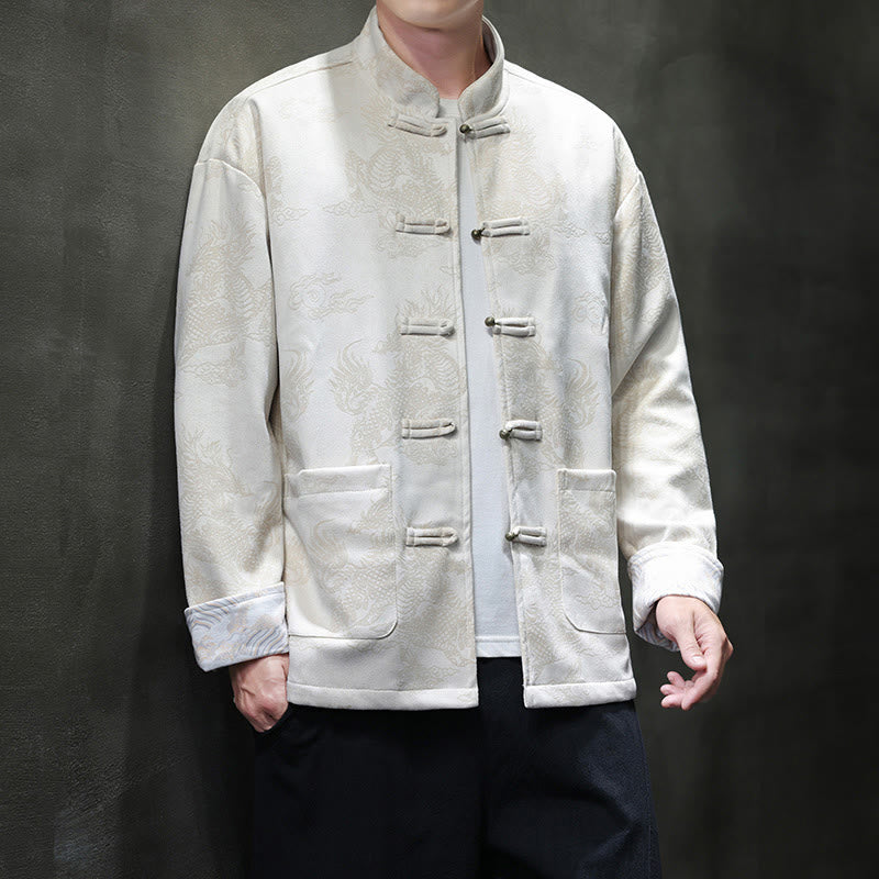 Chinese New Year Kirin Print Frog-button Tang Suit Men's Jacket Shirt With Pockets