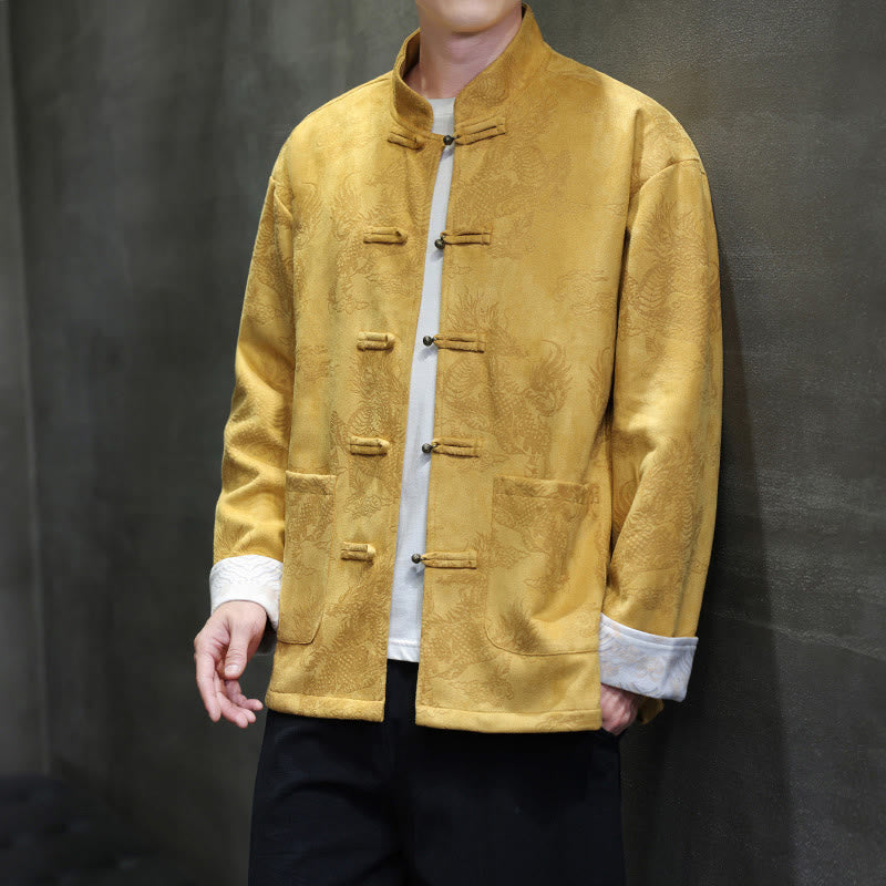 Chinese New Year Kirin Print Frog-button Tang Suit Men's Jacket Shirt With Pockets