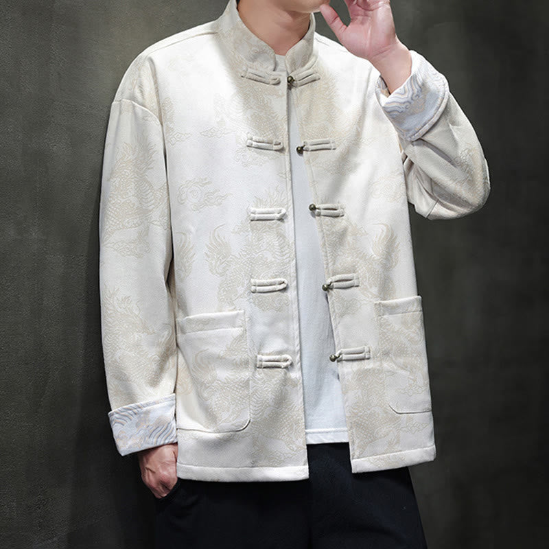 Chinese New Year Kirin Print Frog-button Tang Suit Men's Jacket Shirt With Pockets