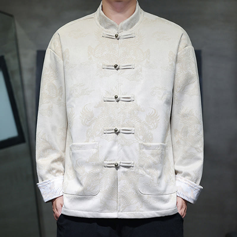 Chinese New Year Kirin Print Frog-button Tang Suit Men's Jacket Shirt With Pockets