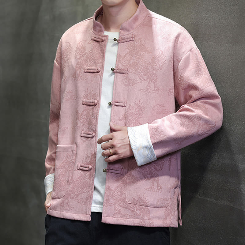 Chinese New Year Kirin Print Frog-button Tang Suit Men's Jacket Shirt With Pockets