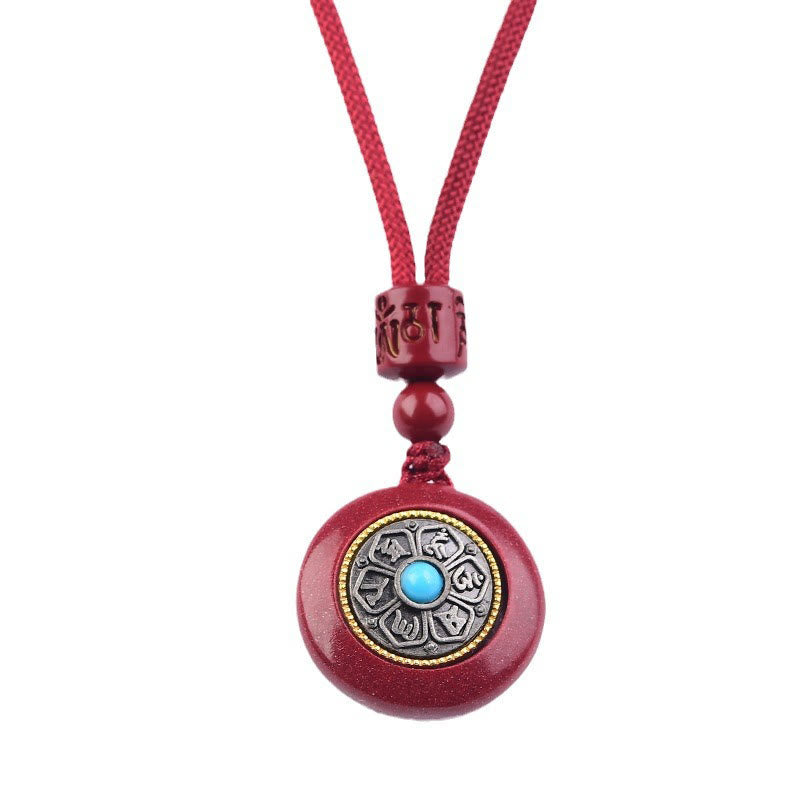 Natural Cinnabar Six True Words 'Om Mani Padme Hum' Braided String Blessing Key Chain Necklace Pendant