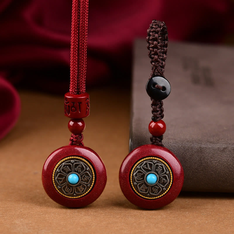 Natural Cinnabar Six True Words 'Om Mani Padme Hum' Braided String Blessing Key Chain Necklace Pendant