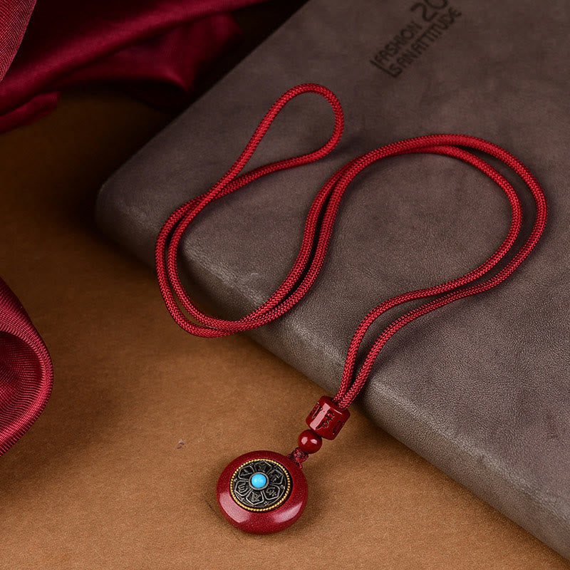 Natural Cinnabar Six True Words 'Om Mani Padme Hum' Braided String Blessing Key Chain Necklace Pendant