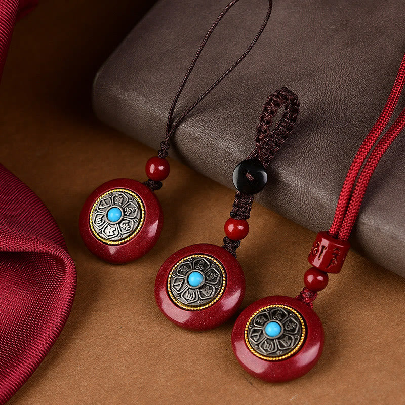 Natural Cinnabar Six True Words 'Om Mani Padme Hum' Braided String Blessing Key Chain Necklace Pendant