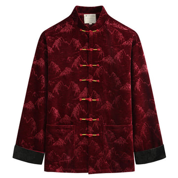 Tactile Cotton Landscape Print Stand Collar Meditation Jacket Shirt