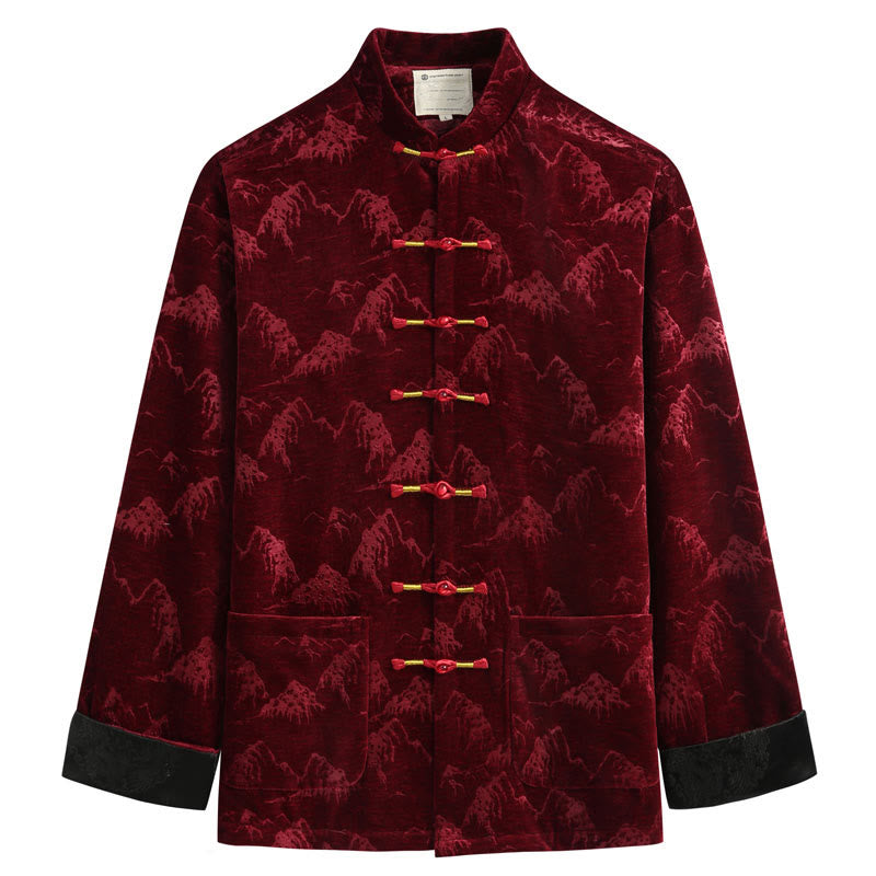 Tactile Cotton Landscape Print Stand Collar Meditation Jacket Shirt