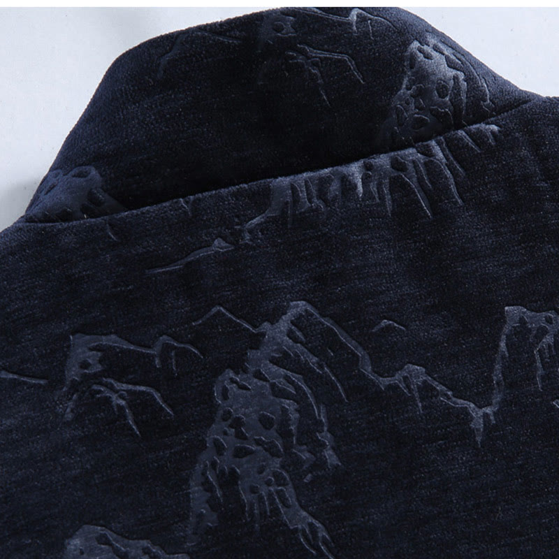 Tactile Cotton Landscape Print Stand Collar Meditation Jacket Shirt