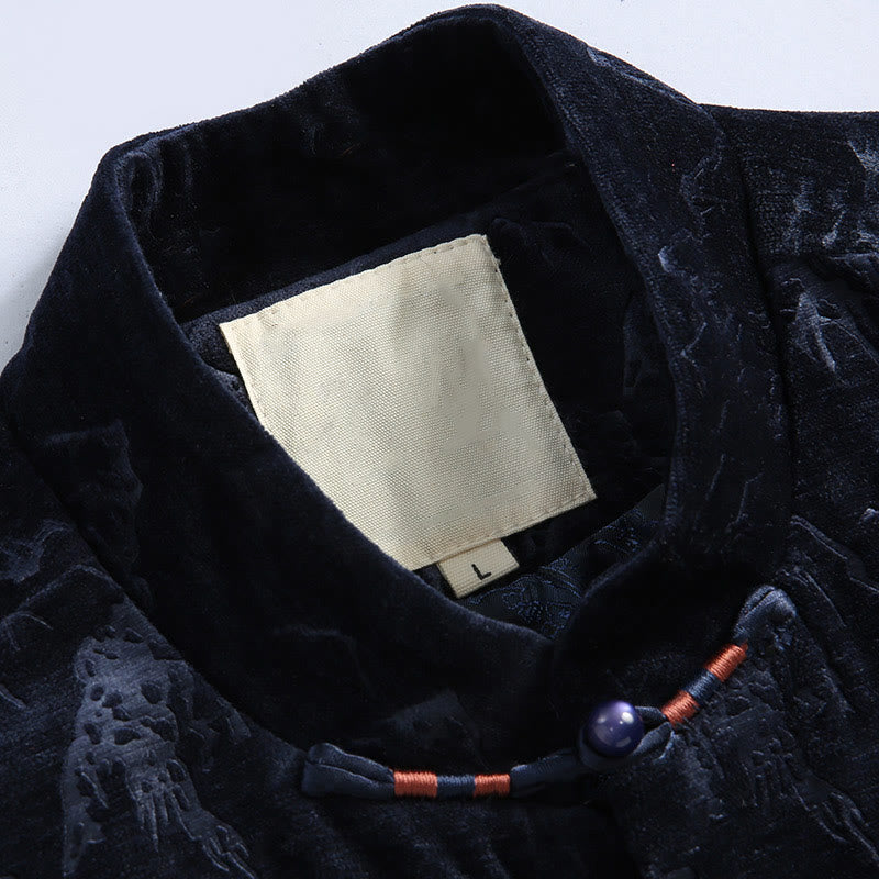 Tactile Cotton Landscape Print Stand Collar Meditation Jacket Shirt