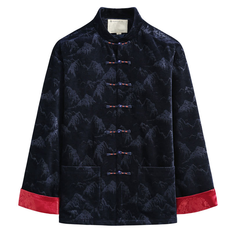 Tactile Cotton Landscape Print Stand Collar Meditation Jacket Shirt
