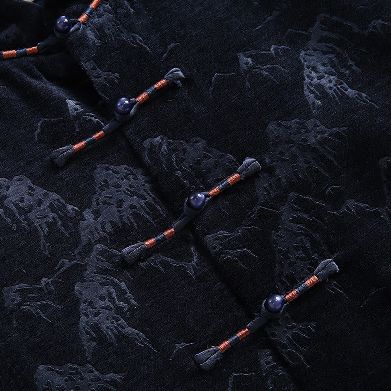 Tactile Cotton Landscape Print Stand Collar Meditation Jacket Shirt