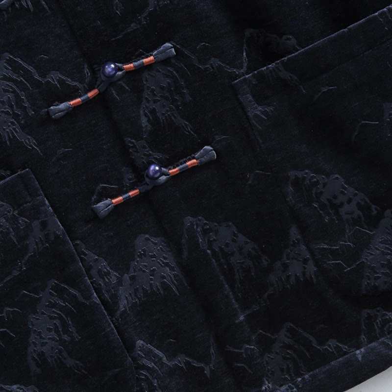 Tactile Cotton Landscape Print Stand Collar Meditation Jacket Shirt