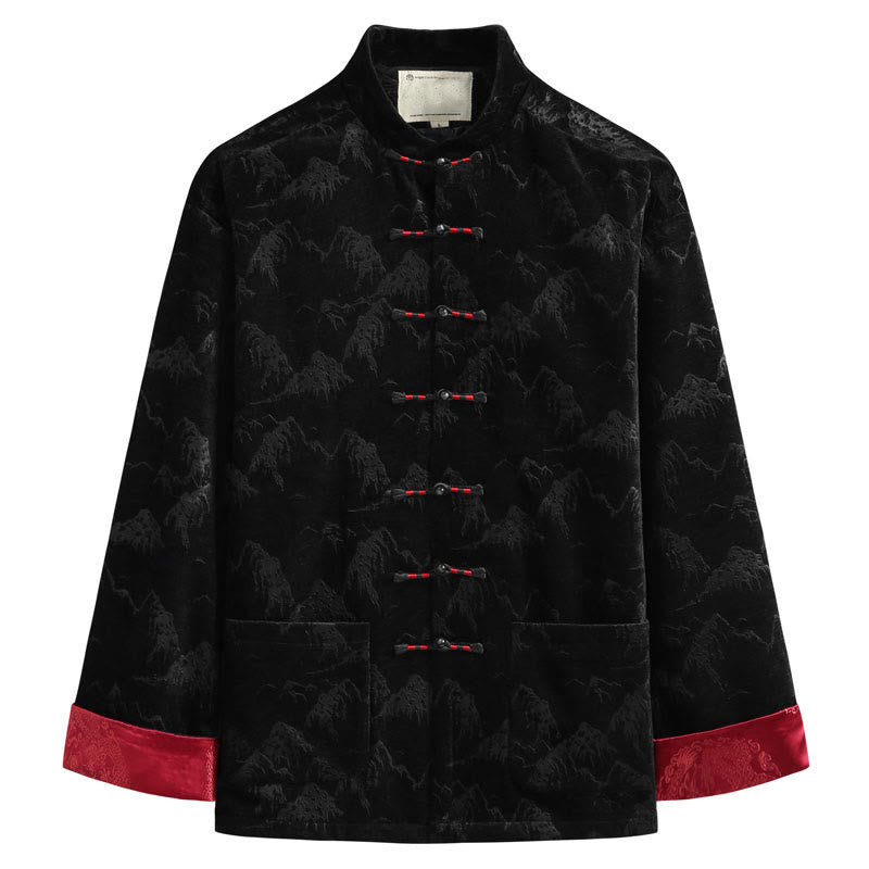 Tactile Cotton Landscape Print Stand Collar Meditation Jacket Shirt