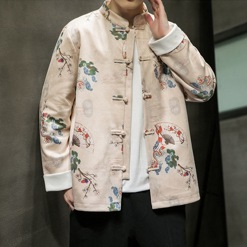 Chinese New Year Clothes Flowers Dragon Fan Auspicious Clouds Frog-button Tang Suit Cotton Men's Jacket Shirt