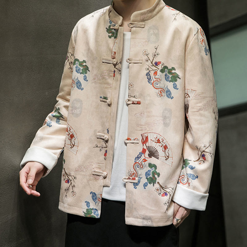 Chinese New Year Clothes Flowers Dragon Fan Auspicious Clouds Frog-button Tang Suit Cotton Men's Jacket Shirt