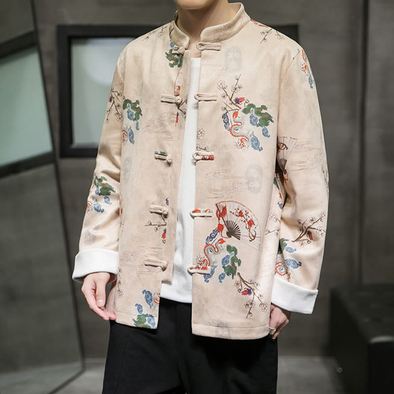 Chinese New Year Clothes Flowers Dragon Fan Auspicious Clouds Frog-button Tang Suit Cotton Men's Jacket Shirt