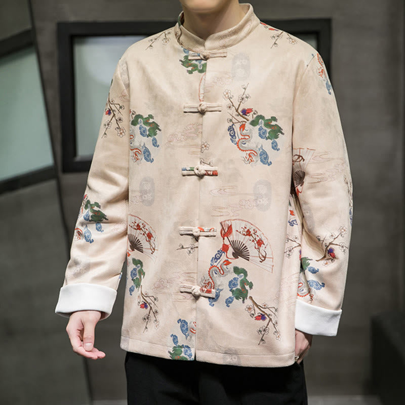 Chinese New Year Clothes Flowers Dragon Fan Auspicious Clouds Frog-button Tang Suit Cotton Men's Jacket Shirt