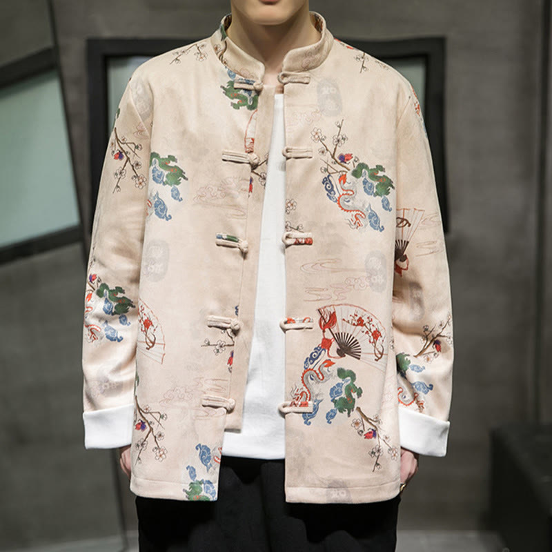 Chinese New Year Clothes Flowers Dragon Fan Auspicious Clouds Frog-button Tang Suit Cotton Men's Jacket Shirt