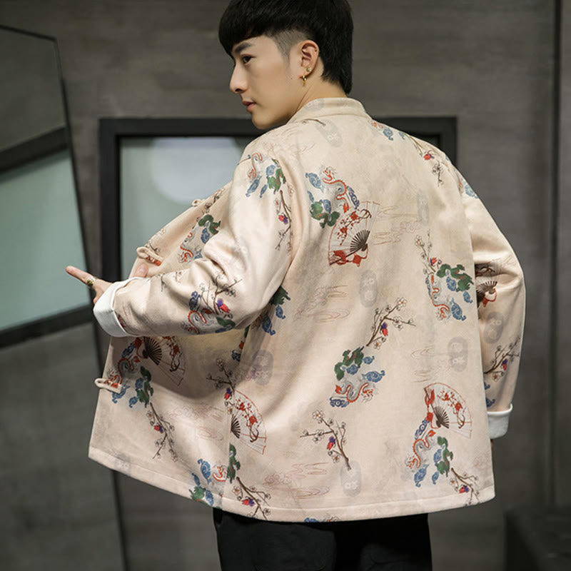Chinese New Year Clothes Flowers Dragon Fan Auspicious Clouds Frog-button Tang Suit Cotton Men's Jacket Shirt