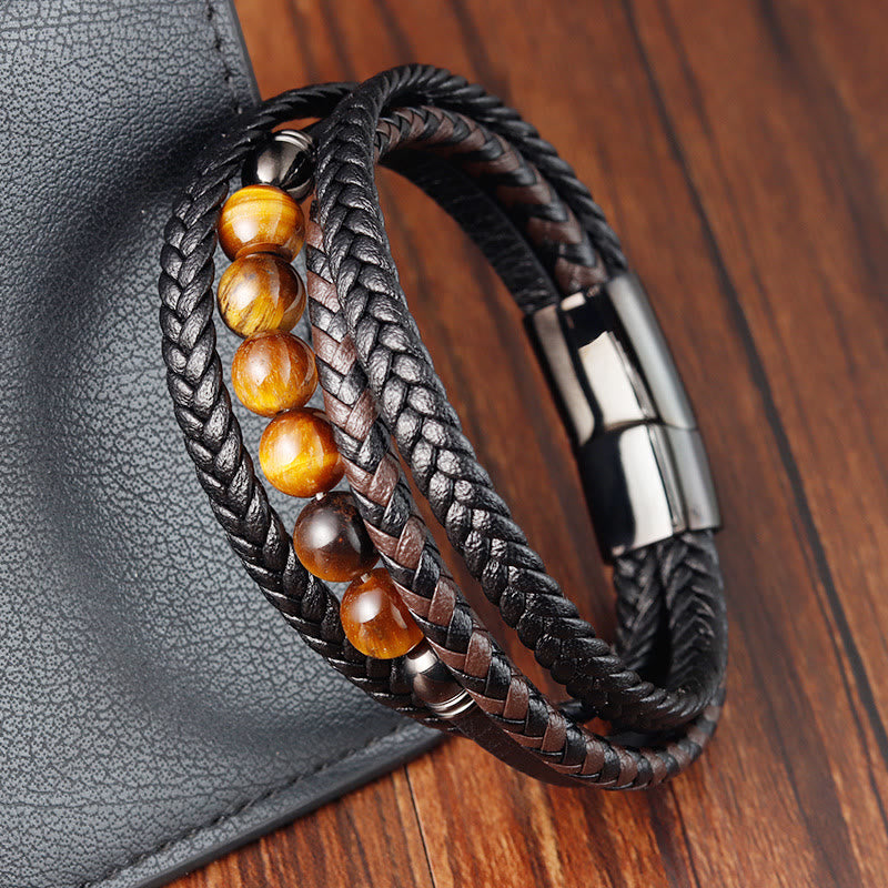 Tiger Eye Stone Protection Leather Bracelet