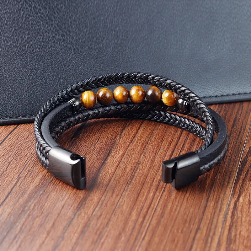 Tiger Eye Stone Protection Leather Bracelet