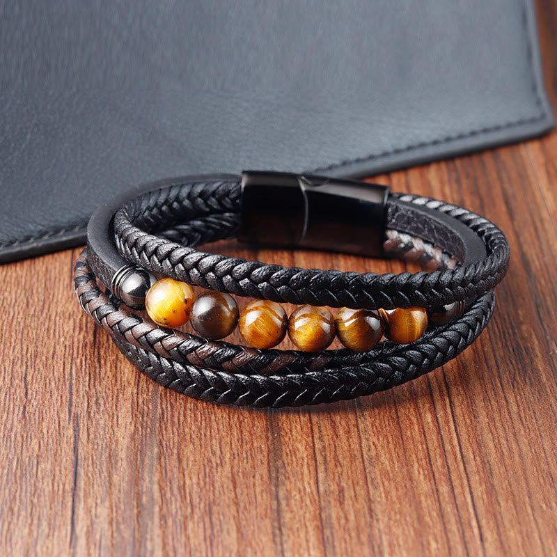 Tiger Eye Stone Protection Leather Bracelet