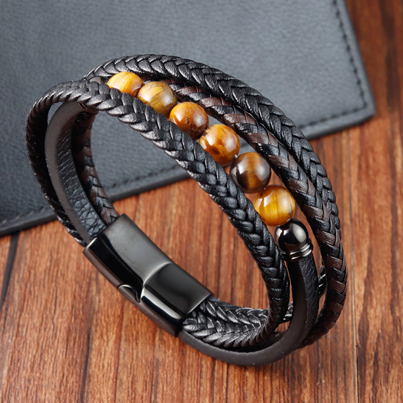 Tiger Eye Stone Protection Leather Bracelet