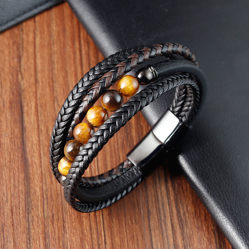 Tiger Eye Stone Protection Leather Bracelet