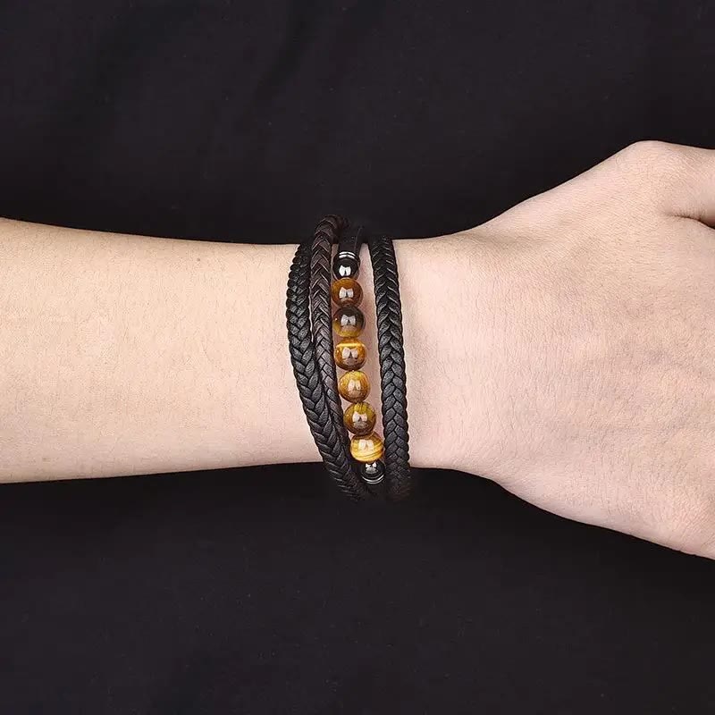 Tiger Eye Stone Protection Leather Bracelet