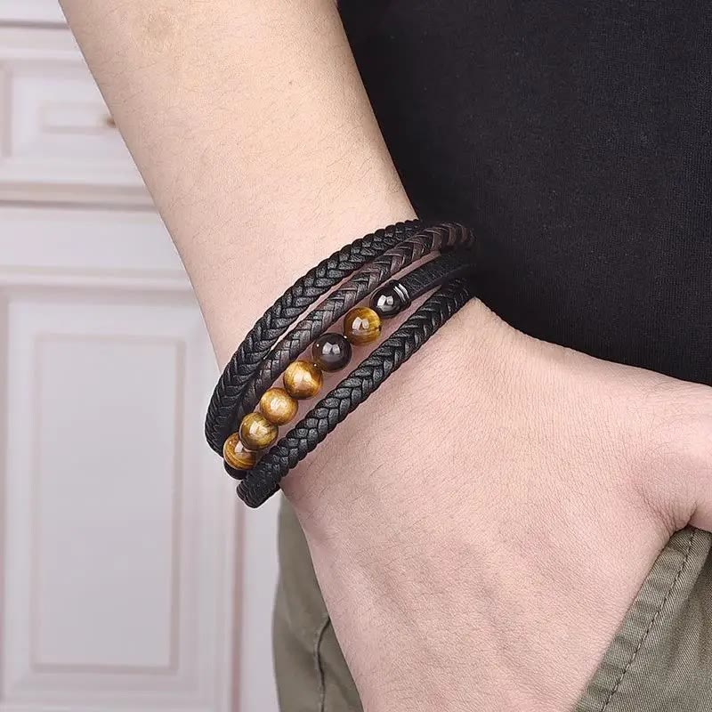Tiger Eye Stone Protection Leather Bracelet