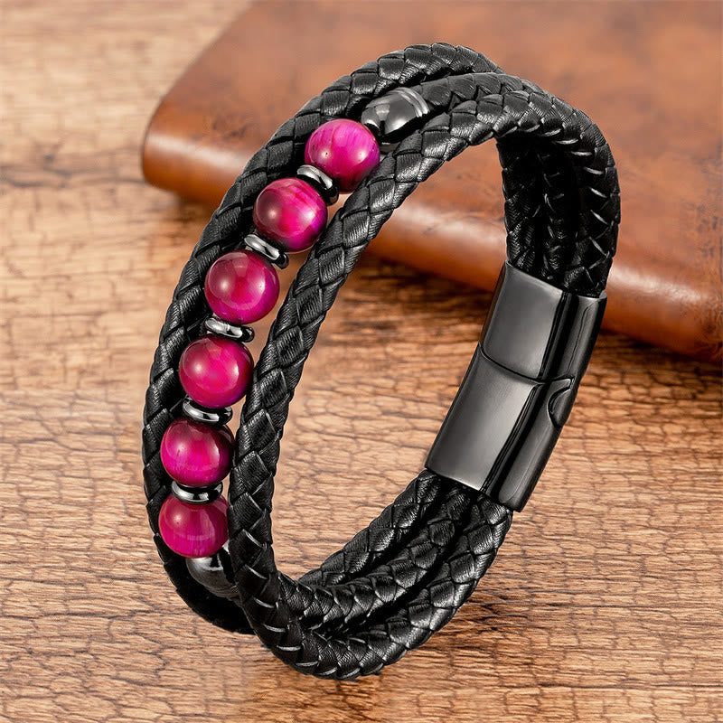 Tiger Eye Lava Rock Hematite Black Onyx Bead Positive Leather Bracelet