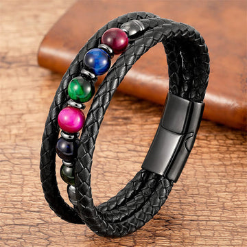 Tiger Eye Lava Rock Hematite Black Onyx Bead Positive Leather Bracelet